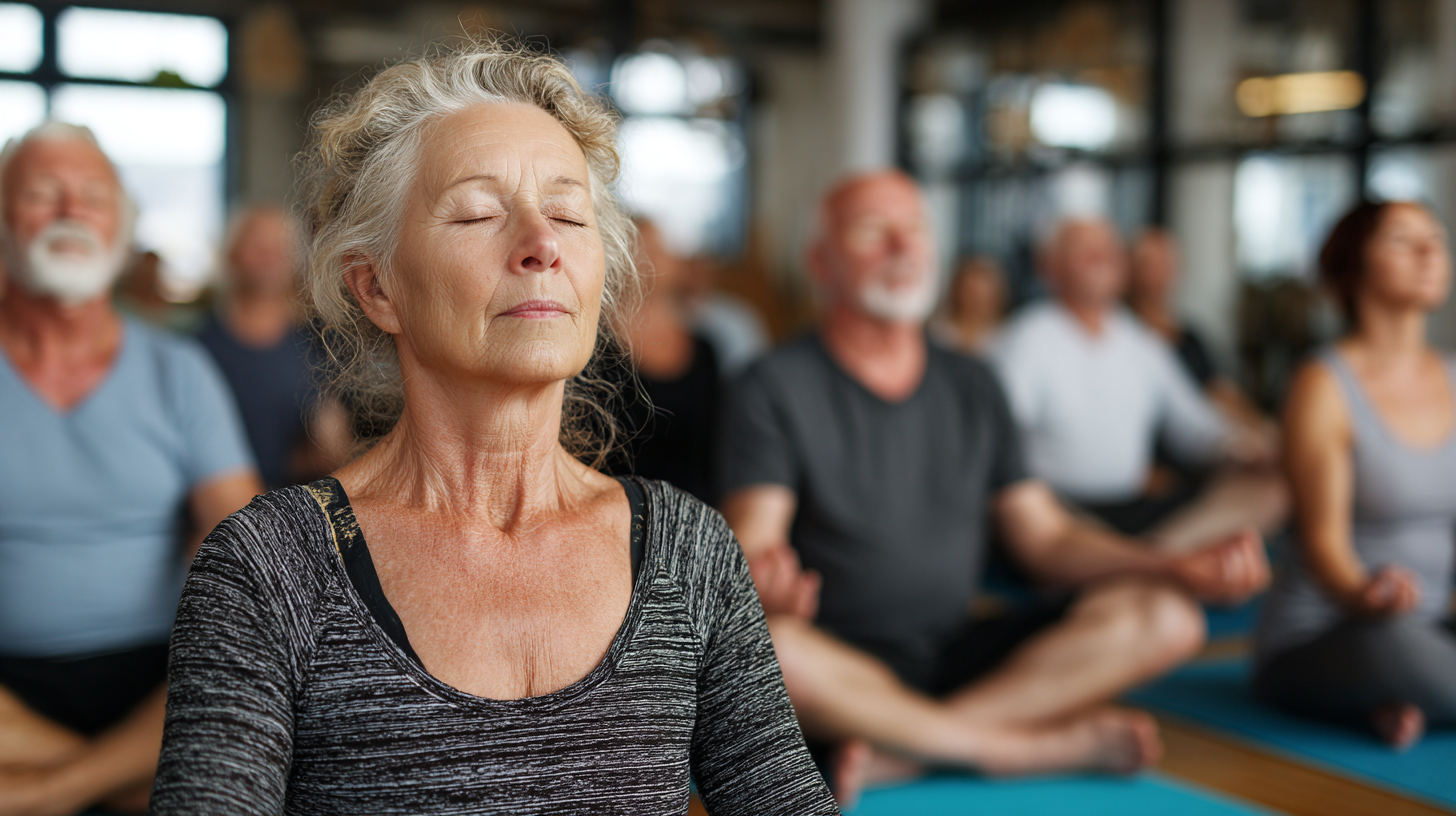 Пожилая женщина занимается йогой в солнечной комнате