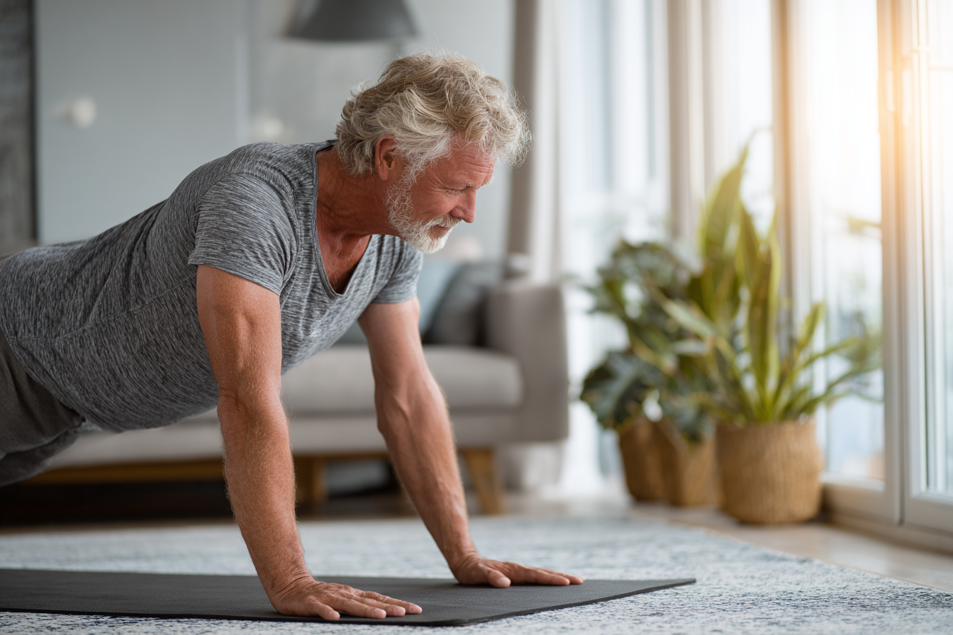 Группа людей среднего возраста занимается йогой в студии
